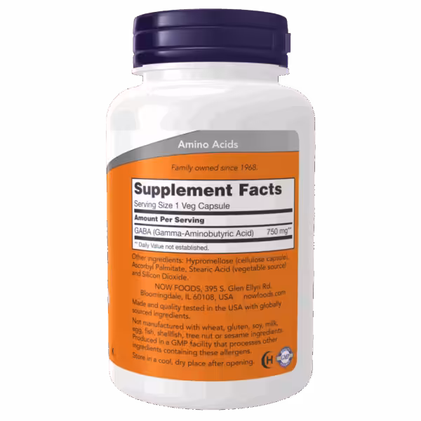 Supplement Facts: GABA 750 mg per 1 veg capsule serving. Includes other ingredients and allergen information