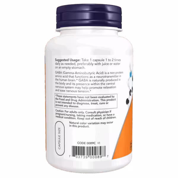 Back of GABA supplement bottle with suggested usage, product description, FDA disclaimer, and caution information