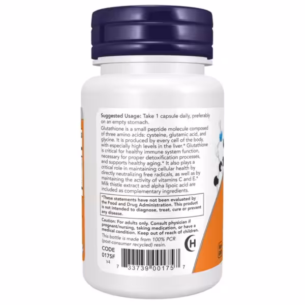 Back label of Glutathione bottle: Take 1 capsule daily on an empty stomach. Includes product details and cautions