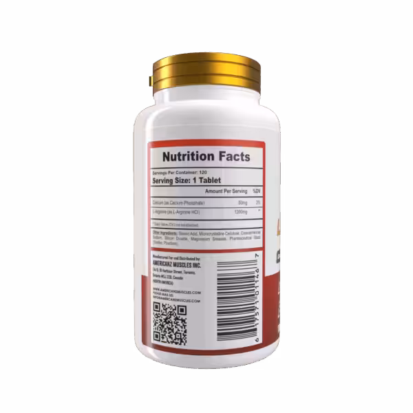 Nutrition Facts label: 120 servings of 1 tablet; 50mg Calcium and 1200mg L-Arginine HCl per serving