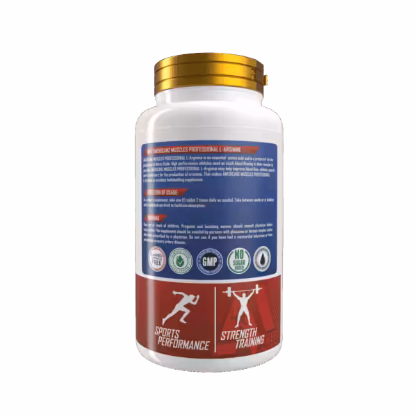 Back label of Americanz Muscles Professional L-Arginine with usage directions, warnings, and certification logos