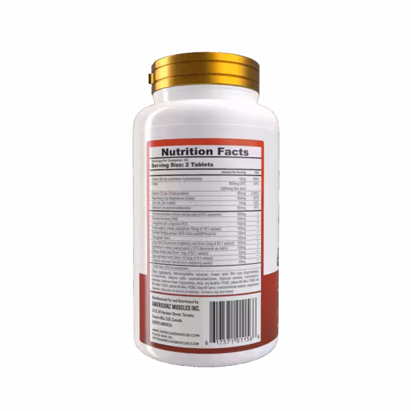 Nutrition Facts label for Americanz Muscles supplement listing vitamins, minerals, and herbal extracts