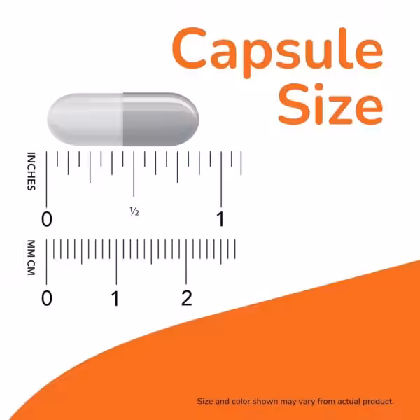 Capsule size comparison showing a capsule approximately 7/8 inch or 22 mm long