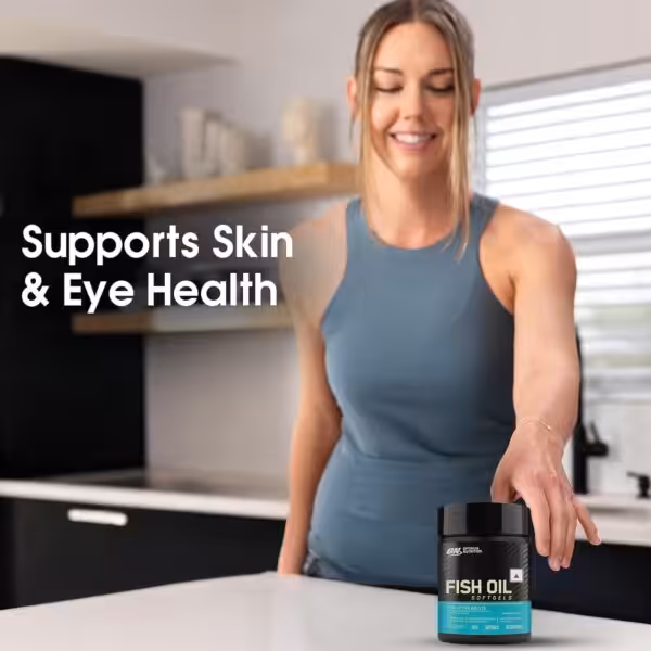 Woman reaching for Optimum Nutrition Fish Oil Softgels. Text: Supports Skin & Eye Health