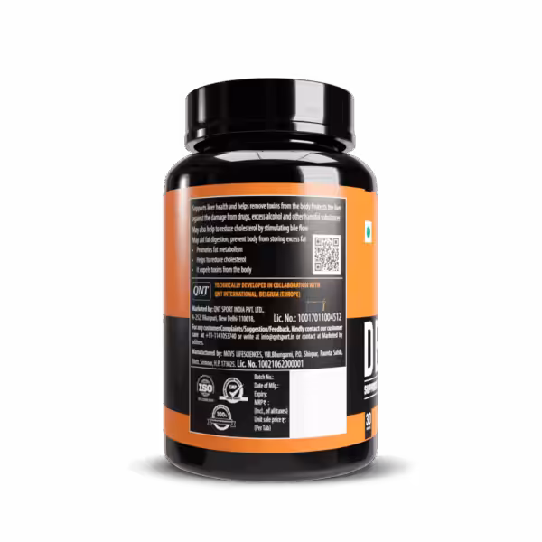 Supplement bottle label listing benefits for liver health, toxin removal, and fat metabolism