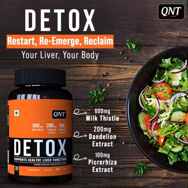 QNT DETOX liver support supplement with 600mg Milk Thistle, 200mg Dandelion Extract, and 100mg Picrorhiza Extract