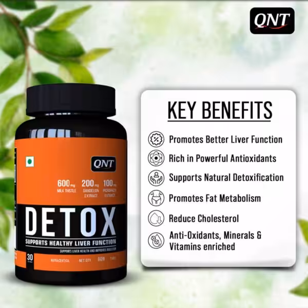 QNT Detox supplement. Key benefits: liver function, antioxidants, detoxification, fat metabolism, and reduced cholesterol