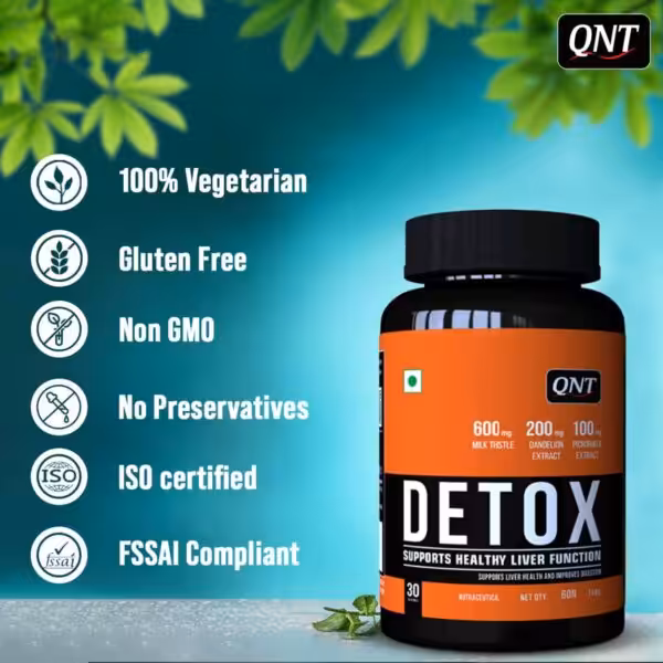 QNT Detox supports healthy liver function. 100% Vegetarian, Gluten Free, Non GMO, ISO and FSSAI certified