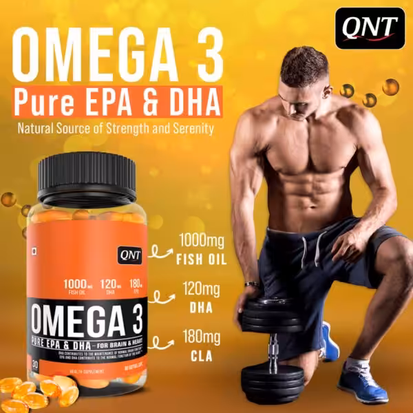 QNT Omega 3 Pure EPA & DHA supplement with 1000mg Fish Oil, 120mg DHA, and 180mg EPA