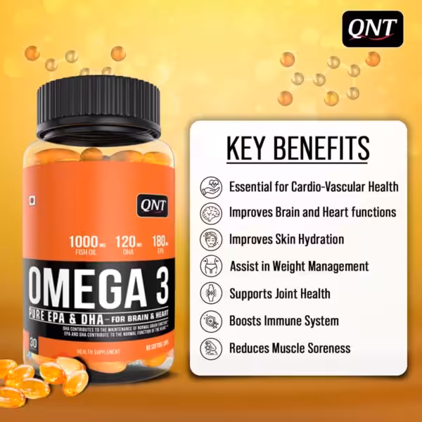 QNT Omega 3 supplement. Benefits: cardiovascular, brain, heart, skin hydration, weight, joint, immune, and muscle health
