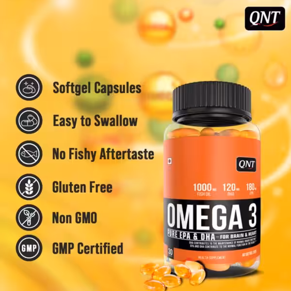 QNT Omega 3 (1000mg Fish Oil, 120mg DHA, 180mg EPA). Softgels: no fishy aftertaste, gluten-free, non-GMO, GMP certified