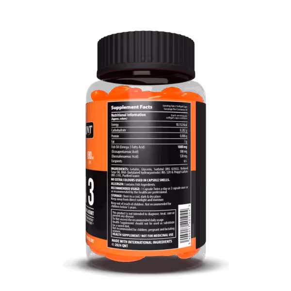Supplement facts for QNT Omega-3: 1000mg fish oil (180mg EPA, 120mg DHA) per 2 softgel serving. Contains fish