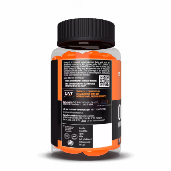 Back label of QNT Omega-3 supplement bottle detailing health benefits, manufacturer info, and quality certifications