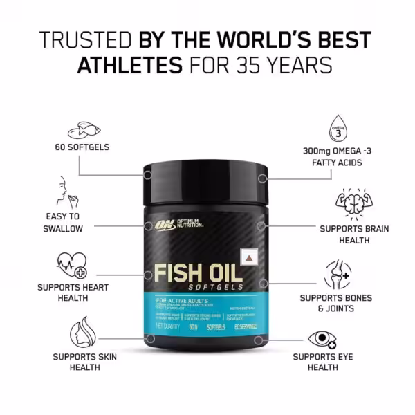 Optimum Nutrition Fish Oil Softgels: 60 count, 300mg Omega-3. Supports heart, skin, brain, bone, joint, and eye health