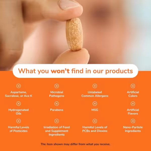 What you won't find in our products: a list of 12 excluded ingredients including sweeteners, pathogens, allergens, artificial additives, and pesticides