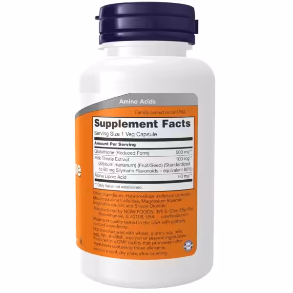 Supplement Facts: 1 veg capsule contains 500mg Glutathione, 100mg Milk Thistle Extract, and 50mg Alpha Lipoic Acid
