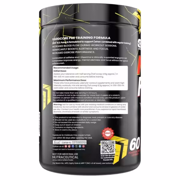 Back label of GXN Hardcore Pre-Training Formula detailing benefits, recommended usage, and safety warnings
