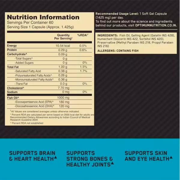 Nutrition information and ingredients for a fish oil supplement. Serving size 1 capsule. Contains 1000mg fish oil