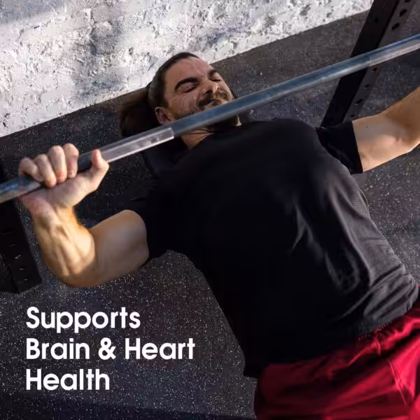 A man bench presses a barbell in a gym. Text: Supports Brain & Heart Health