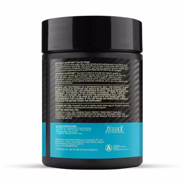 Product information label for Optimum Nutrition Fish Oil Softgel including warnings, suggested use, and storage