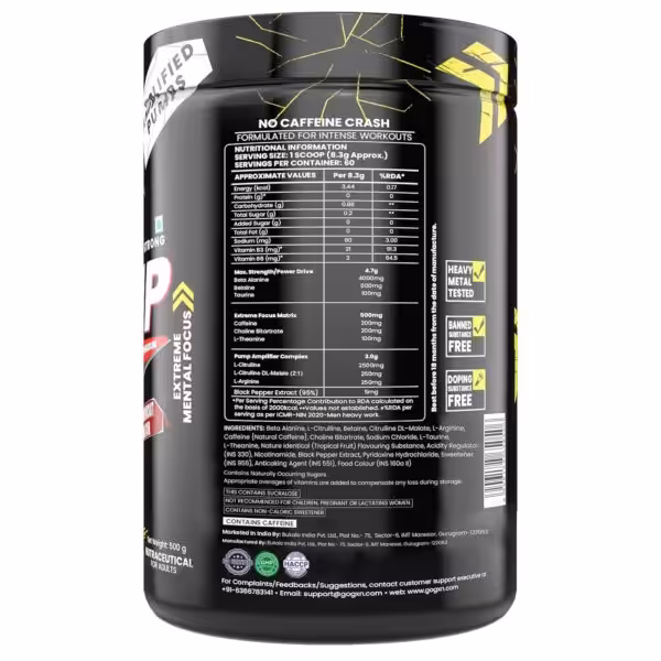 Nutritional label for a pre-workout supplement with 60 servings, 200mg caffeine, beta-alanine, and safety certifications