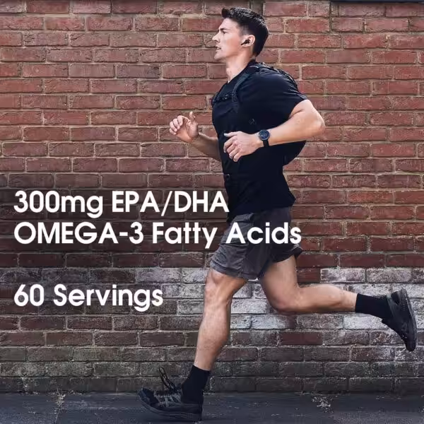 300mg EPA/DHA OMEGA-3 Fatty Acids, 60 Servings. A man running past a brick wall
