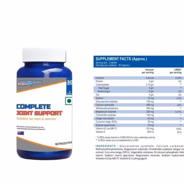 International Protein Complete Joint Support bottle and supplement facts table listing ingredients and dosages