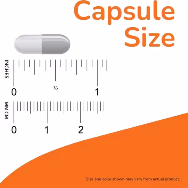 Capsule size diagram showing a capsule measuring approximately 7/8 inch or 23 mm