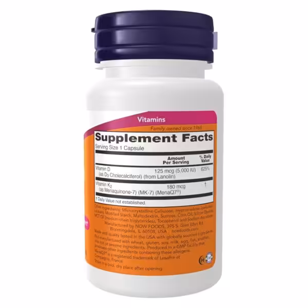 Supplement Facts: Serving size 1 capsule. Vitamin D3 125 mcg (5,000 IU) and Vitamin K2 180 mcg