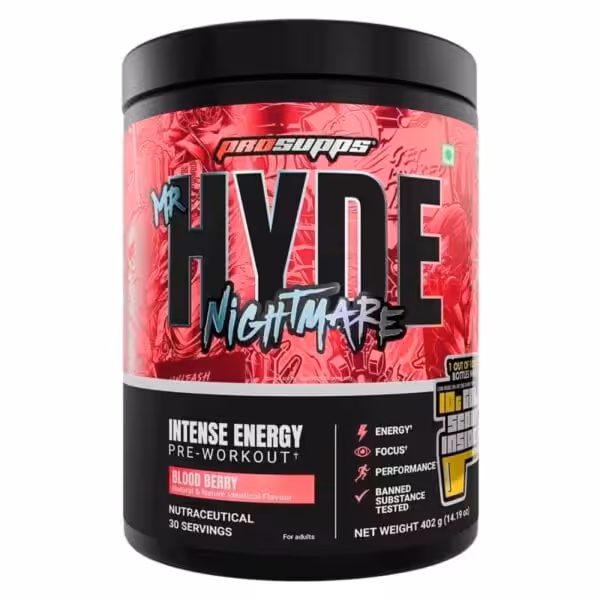 The image displays a black container of Prosupps Mr Hyde Nightmare intense energy pre workout in Blood Berry flavor, indicating 30 servings and a net weight of 402 grams.