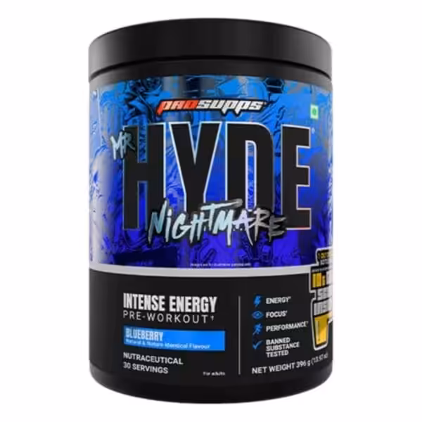 The image shows a black and blue ProSupps Mr. Hyde Nightmare intense energy pre workout supplement container in blueberry flavor, with a net weight of 396 grams.