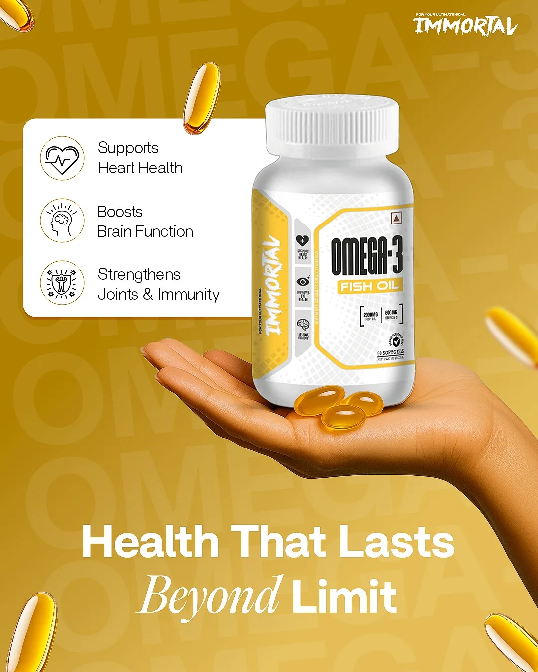 Immortal Omega-3 2000mg Fish Oil 90 Softgels - Image 4