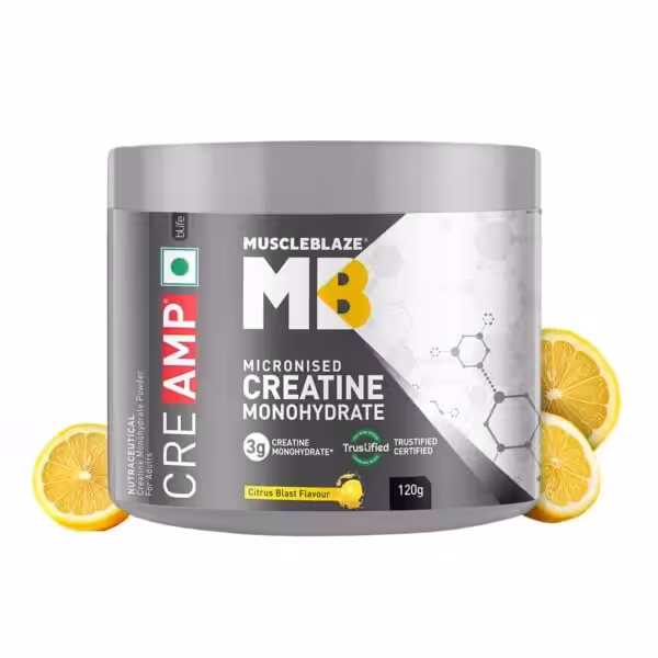 MuscleBlaze MB CreAMP Micronised Creatine Monohydrate, Citrus Blast flavor, 120g tub