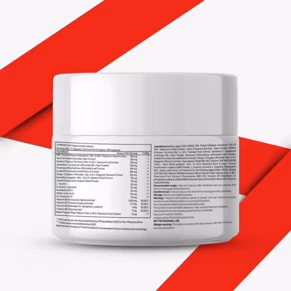 Supplement label detailing composition, ingredients, and recommended usage