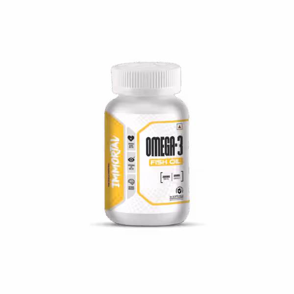 Immorial Omega-3 Fish Oil supplement bottle, 2000mg fish oil, 600mg Omega 3, 90 softgels