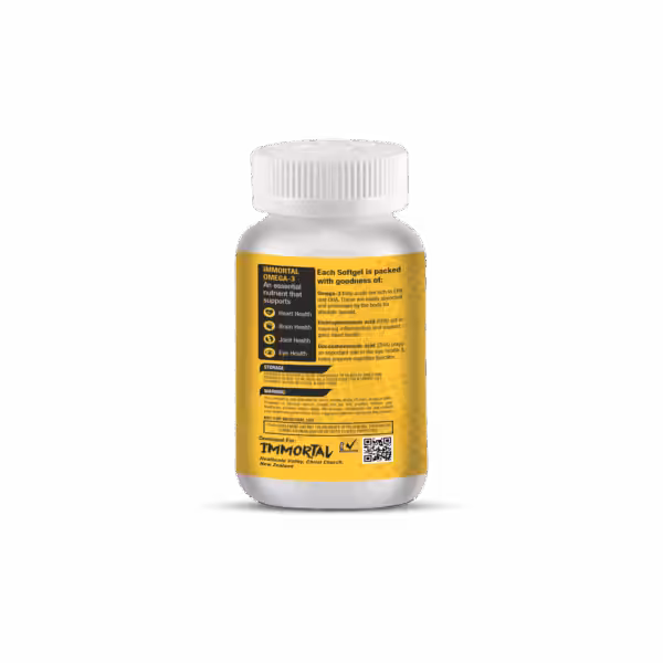 Immortal Omega-3 label: supports heart, brain, joints, and eyes; contains EPA and DHA; includes storage and warnings