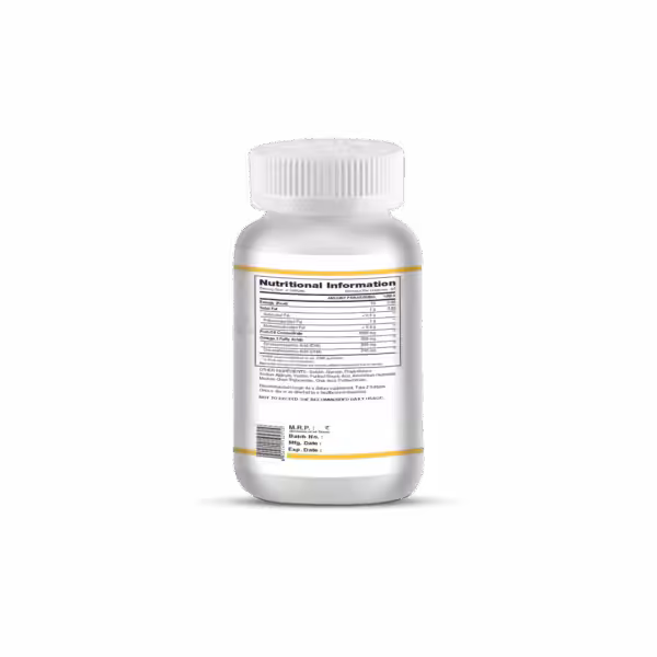 Nutritional information label for a fish oil supplement showing 2000mg fish oil and 600mg Omega 3 per serving