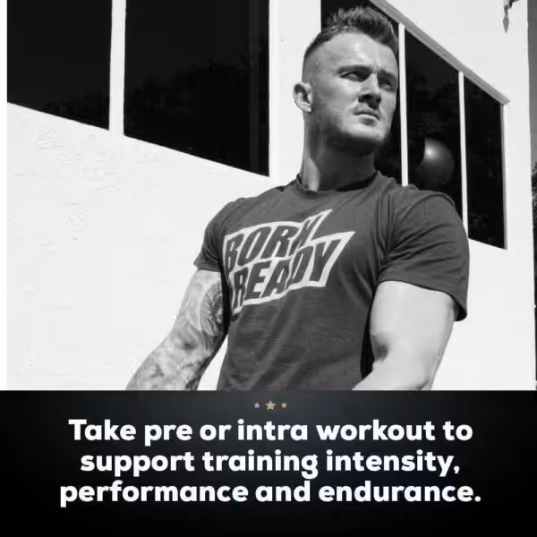 Muscular man in a Born Ready shirt. Take pre or intra workout to support training intensity, performance and endurance