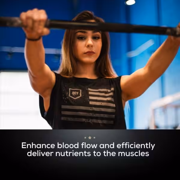Woman lifting a barbell. Text: Enhance blood flow and efficiently deliver nutrients to the muscles