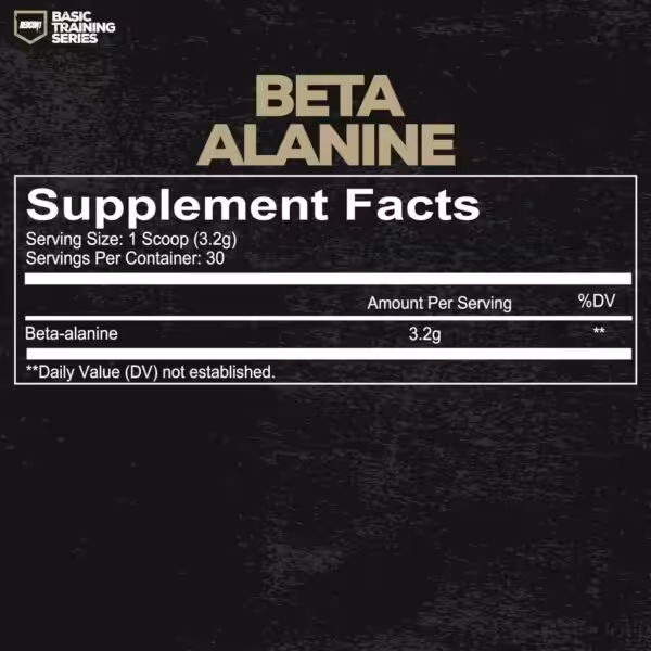 Beta Alanine Supplement Facts: Serving size 1 scoop (3.2g), 30 servings per container, 3.2g Beta-alanine per serving