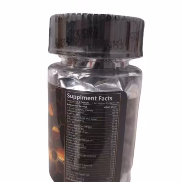 Supplement Facts label for Core Labs product showing serving size of 1 capsule and ingredients like DMHA and Caffeine