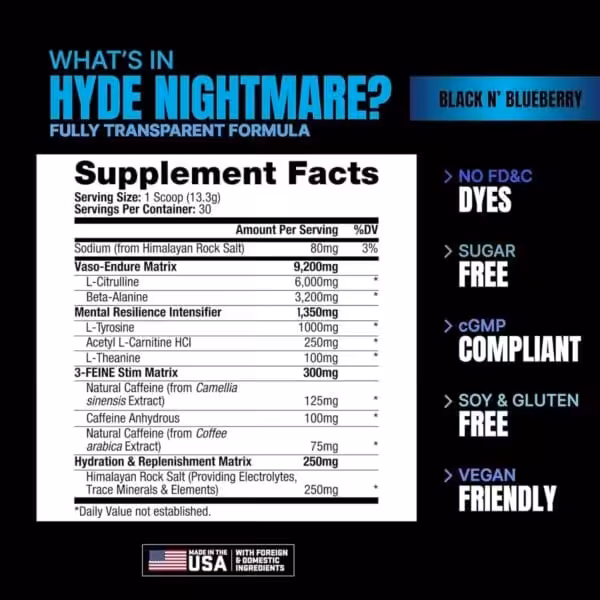 Supplement facts for Hyde Nightmare Black N' Blueberry flavor including ingredient dosages and dietary claims