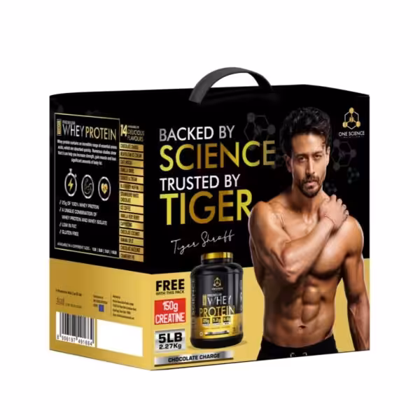 One Science Premium Whey Protein 5lb box with Tiger Shroff. Includes free 150g creatine. Chocolate Charge flavor