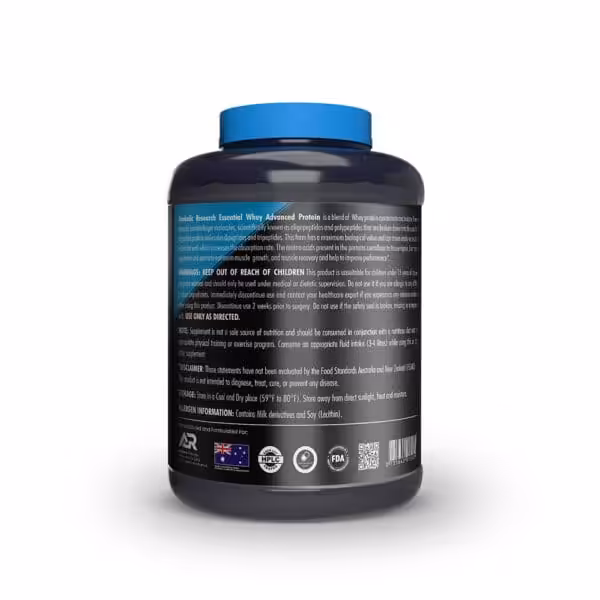 Back label of Anabolic Research Essential Whey Advanced Protein container showing warnings, ingredients, allergen info, and storage instructions
