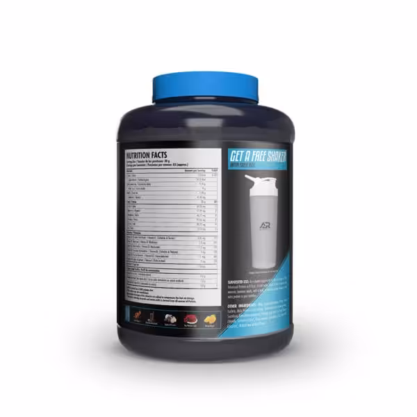 Back of protein powder container showing Nutrition Facts label, free shaker bottle offer, suggested use, and other ingredients