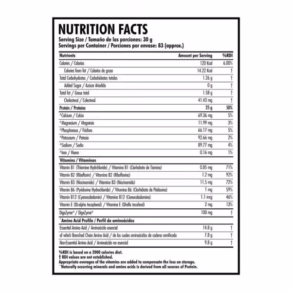 Nutrition Facts label showing 30g serving size, 120 calories, 25g protein (50% RDI), with vitamins, minerals, and amino acid profile per serving