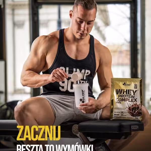 Muscular man preparing an Olimp protein shake. Text: Start, the rest are excuses