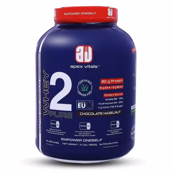 Apex Vitals Whey 2 Pure Chocolate Hazelnut protein powder, 4 lbs, 30g protein, 15g EAA, 8g BCAA, <1g carbs/fat/sugar