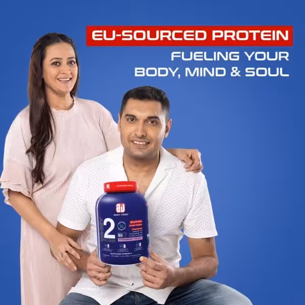 EU-sourced protein fueling your body, mind & soul. A couple smiles with a tub of Apex Vitals Whey protein