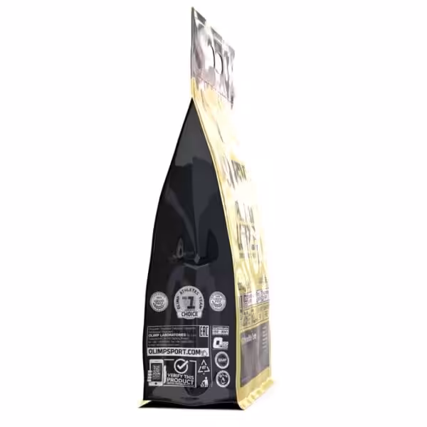 Side profile of an Olimp Laboratories product bag showing manufacturer information and quality certifications